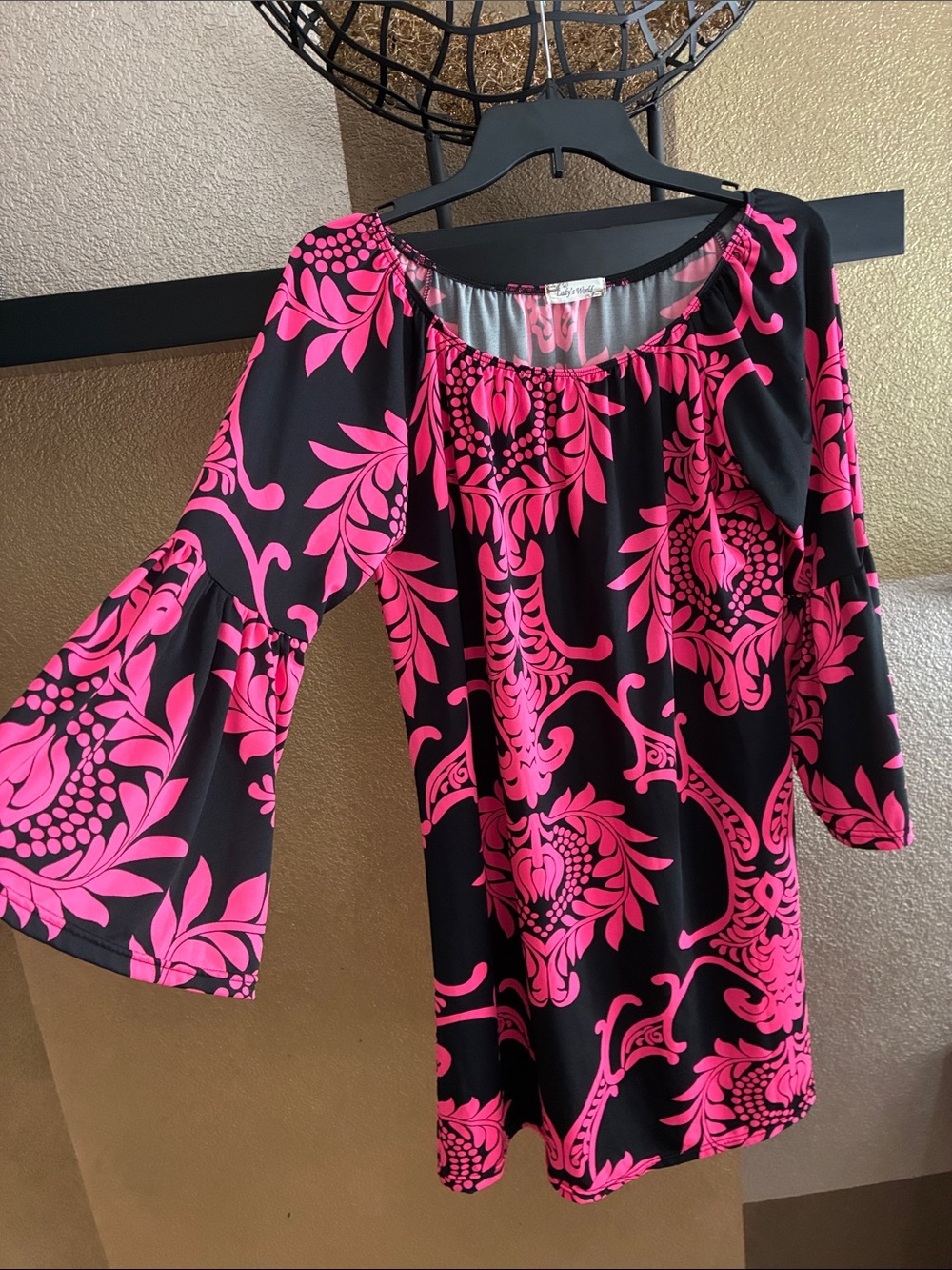 Off-Shoulder Black Tunic with Hot Pink Floral Print
